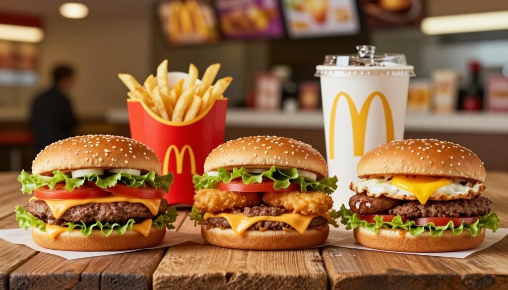 A beautifully arranged display of McDonald's secret menu sandwiches on a rustic wooden table, featuring the McGangBang (a McChicken inside a Double Cheeseburger), the Land, Sea, and Air Burger (combining a beef patty, a fish fillet, and chicken nugget), and the Breakfast Sirloin Burger (featuring a breakfast sandwich with sausage and egg). The foreground showcases the sandwiches with fresh ingredients like lettuce, tomatoes, and melted cheese oozing out. In the middle, a side of crispy golden fries and a refreshing soft drink in a McDonald's cup. The background is softly blurred, hinting at a bustling McDonald's restaurant with warm lighting and inviting décor. The atmosphere is playful and appetizing, aimed to entice viewers into the hidden culinary delights of McDonald's.