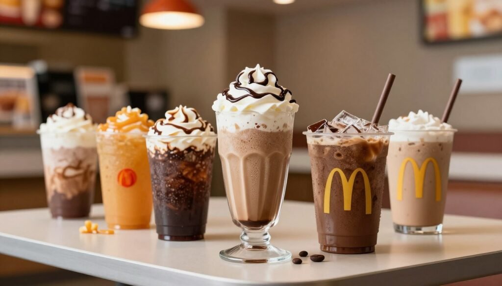 A beautifully arranged scene featuring McDonald's Frozen Coffee Treats and Frappes, prominently displayed in the foreground. Include a tall, creamy frappé topped with whipped cream and a drizzle of chocolate sauce alongside a frosty iced coffee cup adorned with ice cubes and a straw. In the middle ground, a variety of flavors like caramel and mocha are represented through vibrant, colorful cups, enticingly placed on a sleek, modern table. The background features a blurred McDonald's restaurant interior, warmly lit to create a cozy and inviting atmosphere. Soft natural lighting highlights the textures of the drinks, while a shallow depth of field focuses on the delicious frozen coffee treats. The mood is refreshing and indulgent, perfect for a coffee lovers' paradise.