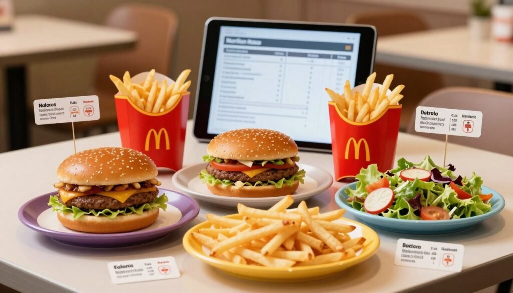 A beautifully arranged table featuring an array of McDonald's lunch menu items, including a classic Big Mac, fries, and a fresh salad, all meticulously labeled with clear nutritional information. The foreground includes neatly designed, colorful plates with the food items, emphasizing their appealing textures and vibrant colors. In the middle ground, a softly lit tablet displays nutrition facts such as calories, fats, and protein content next to each food item, enhancing clarity. The background features a bright and inviting restaurant setting, with warm lighting highlighting the cheerful ambiance. The mood is informative yet appetizing, ideal for health-conscious readers, captured from a slightly elevated angle to showcase the food's details and nutritional elements effectively, without any text overlays or distractions.