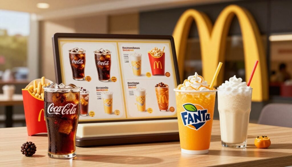 A colorful and vibrant display of McDonald's beverage deals, featuring an assortment of drinks on a wooden table. In the foreground, showcase several refreshing beverages, including iced Coca-Cola in clear cups with condensation, a bright orange Fanta, and a creamy vanilla shake, all with colorful straws. The middle layer should have a McDonald's menu board elegantly displaying beverage options and prices, with notable items highlighted. The background features the iconic golden arches of a McDonald's restaurant, softly blurred to create depth. The lighting is warm and inviting, simulating a sunny afternoon atmosphere, enhancing the feeling of enjoying a casual meal. Use a slight overhead angle to capture the scene, focusing on the drinks and menu. The overall mood reflects joy and satisfaction, perfect for illustrating value.