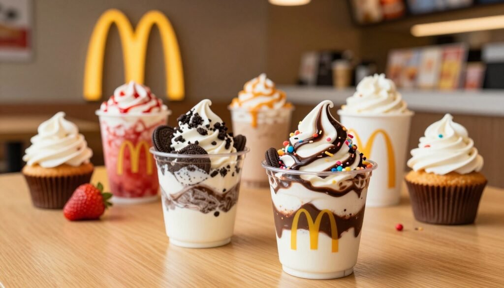 A delicious array of McFlurry desserts on a vibrant wooden table. In the foreground, focus on two McFlurry cups overflowing with creamy, swirled ice cream, one topped with crushed Oreos and the other drizzled with rich chocolate sauce. Sprinkled toppings, like colorful candies, add a festive touch. In the middle ground, a few more cups showcase various flavors like strawberry and caramel as they sit next to lightly frosted cupcakes. The background features a soft-focus McDonald's logo and a welcoming restaurant ambiance, with warm, inviting lighting that highlights the desserts’ textures. The scene evokes a cheerful atmosphere, ideal for a sweet treat indulgence, captured with a close-up lens angle to emphasize the desserts' details and richness.