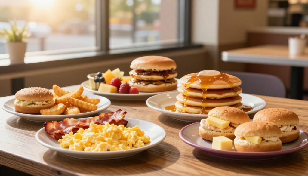 A tempting spread of McDonald's breakfast deals displayed on a rustic wooden table. In the foreground, an assortment of fluffy scrambled eggs, crispy bacon, golden hash browns, and warm buttery biscuits are artfully arranged on vibrant plates. The middle ground features signature McMuffins and pancakes drizzled with syrup, creatively presented with fresh fruits on the side. The background captures the inviting interior of a McDonald's restaurant, bathed in soft morning light filtering through large windows, creating a warm and welcoming atmosphere. The scene conveys a delightful breakfast experience, emphasizing the joy of starting the day with delicious food in a bright, cheerful setting. Shot with a warm lens to enhance colors, creating an inviting and appetizing mood.