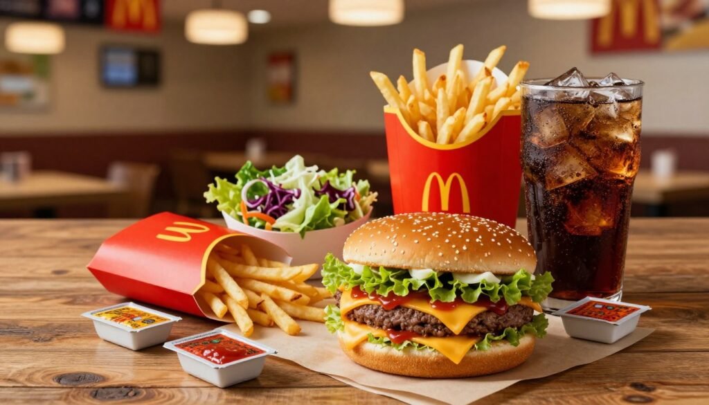 A vibrant and appetizing McDonald's value meal spread on a rustic wooden table. In the foreground, a classic Big Mac sandwich, plump with lettuce, cheese, and special sauce, is accompanied by a side of golden, crispy French fries in a red carton. A refreshing iced soda with condensation glistening on the cup sits beside it. In the middle ground, a small side salad adds a splash of color, while a few packets of ketchup and mustard are artfully placed around. The background features a blurred, cozy McDonald's interior with warm lighting and cheerful decor that invokes a welcoming atmosphere. The scene is captured with a slightly elevated angle, enhancing the appealing arrangement and inviting the viewer to indulge in this classic fast-food meal experience.