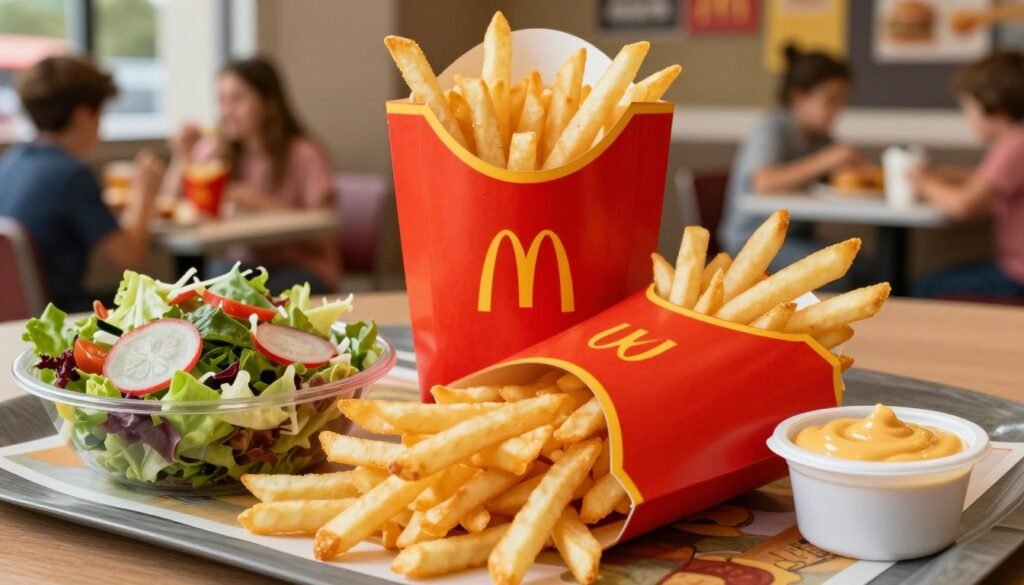 A vibrant and appetizing display of McDonald's lunch options, featuring a variety of classic side items like crispy golden French fries, a side salad with fresh vegetables, and a container of tangy honey mustard dipping sauce. In the foreground, the fries are piled high, glistening under natural light, while the salad is artfully arranged in a bowl. The middle ground showcases a red and yellow McDonald's packaging, with iconic branding subtly incorporated. In the background, a bustling McDonald's restaurant scene, with families enjoying their meals, evokes a cheerful and friendly atmosphere. The lighting is warm and inviting, creating a sense of comfort and joy. The image captures the essence of a satisfying lunch, emphasizing delicious choices that complement the main meal.