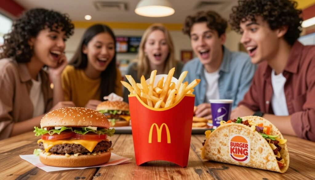 A vibrant and engaging image depicting a budget-friendly fast food comparison. In the foreground, showcase a classic McDonald's $1 menu item, such as a cheeseburger and fries, emphasizing their appealing colors and textures. Arrange side-by-side comparisons with similar offerings from competitors, like a burger from Burger King and a taco from Taco Bell, all on a rustic wooden table. In the middle ground, include a group of diverse, casually dressed young adults examining the food items, expressing excitement and curiosity. In the background, an inviting fast-food restaurant interior is softly illuminated with warm lighting, creating a friendly and welcoming atmosphere. Use a slight overhead angle to capture the scene dynamically, ensuring a clear view of the meals while maintaining a focus on the engaging interaction among the friends.