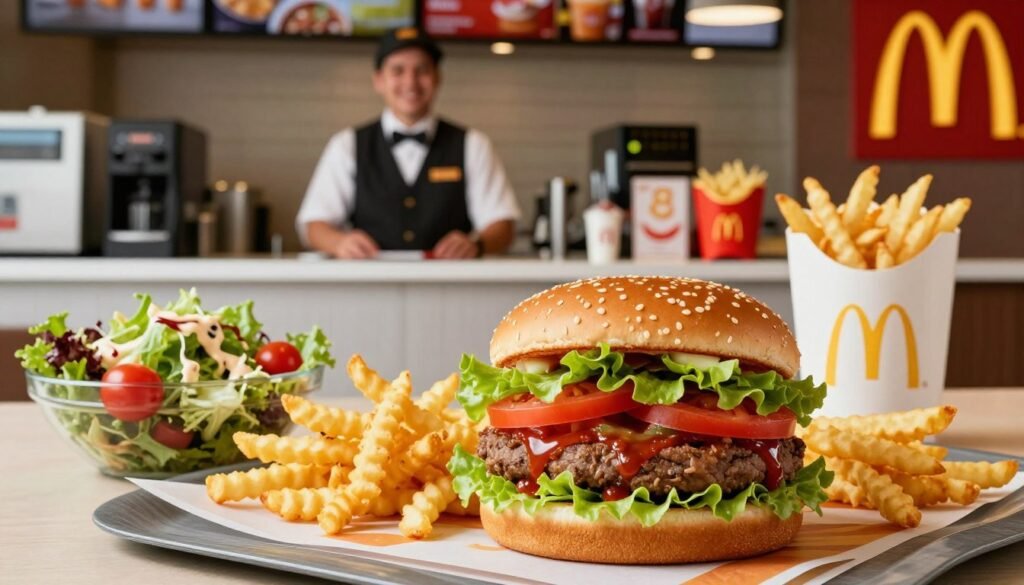 A vibrant and inviting display of McDonald's vegetarian options, showcasing a variety of colorful menu items. In the foreground, a large, freshly prepared Veggie Burger is the centerpiece, adorned with crisp lettuce, ripe tomatoes, and a tangy sauce, served with a side of golden, curly fries. To the side, a refreshing salad with mixed greens, cherry tomatoes, and a light vinaigrette dressing complements the scene. In the middle, a clean, bright McDonald's counter with a staff member in a smart uniform, smiling and ready to serve, establishes a friendly atmosphere. The background features classic McDonald's branding with warm lighting to create an inviting setting. The angle captures all elements in a dynamic way, evoking a sense of accessibility and healthfulness in fast food choices.