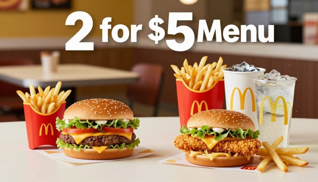 A vibrant, appetizing display of the "2 for $5 Menu" from McDonald's, featuring the best value combinations. In the foreground, two appealing meal sets are elegantly arranged: a classic cheeseburger next to a crispy chicken sandwich, both accompanied by small fries and refreshing beverages. In the middle ground, a bright, inviting dining table is set against a soft-focus background that suggests a cozy McDonald's interior, with warm lighting that creates a friendly atmosphere. The color palette is warm and inviting, highlighting the golden fries and fresh ingredients. The image captures a sense of mouth-watering anticipation, emphasizing great value and satisfying choices. The angle is slightly elevated, showcasing the food prominently, and the overall mood is cheerful and enticing.
