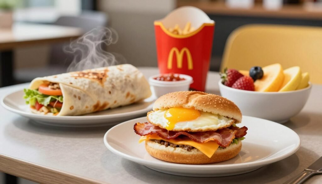 A vibrant, well-lit breakfast scene showcasing McDonald's high-protein menu items. In the foreground, display a beautifully arranged plate featuring a hearty Egg McMuffin with a perfectly cooked egg, lean Canadian bacon, and cheese, alongside a bowl of fresh fruit. In the middle ground, include a wrapped protein-packed breakfast burrito, glistening with steam, accompanied by a small container of salsa. The background features a modern McDonald's interior with bright, inviting colors, blending natural light and warm tones. Set the scene at a clean, inviting table with subtle textures. The overall mood is healthy and energizing, perfect for the start of a productive day. Focus on capturing fresh ingredients that highlight nutrition and taste without any text or distractions.
