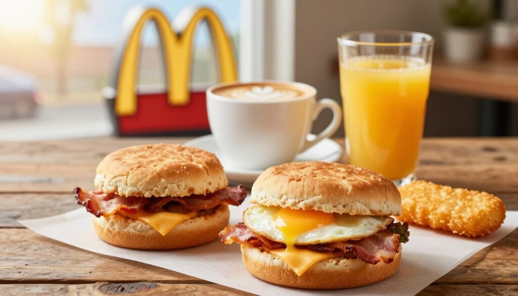 A visually captivating arrangement of McDonald's $1 Menu breakfast items on a rustic wooden table. In the foreground, a classic Egg McMuffin with a perfectly cooked egg, crispy bacon, and melted cheese, alongside a hot, flaky biscuit. Next to them, a small, golden hash brown and a refreshing orange juice in a clear cup. The middle ground features a soft focus on a cup of coffee with a beautiful latte art heart, inviting warmth. In the background, a bright, cheerful McDonald's sign and a sunny morning atmosphere filter through a window, casting gentle natural light that enhances the freshness of the food. Capture the essence of comfort and satisfaction in an inviting breakfast scene, perfect for budget-conscious diners.