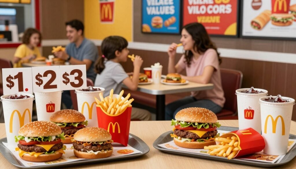 A visually engaging comparison of fast food value menus from McDonald's and its competitors. In the foreground, a neatly arranged display of signature menu items: burgers, fries, and drinks from McDonald's $1 $2 $3 Menu on one side, contrasting with items from rival restaurants on the other. In the middle ground, a casual dining setting featuring families or friends (dressed in modest casual clothing) enjoying their meals, showcasing a friendly competition atmosphere. The background features colorful restaurant branding, with vibrant signage directing attention to value options. The lighting is bright and cheerful, evoking a lively and inviting mood. The camera angle is slightly elevated, capturing both the food and the diners in an engaging, dynamic composition.