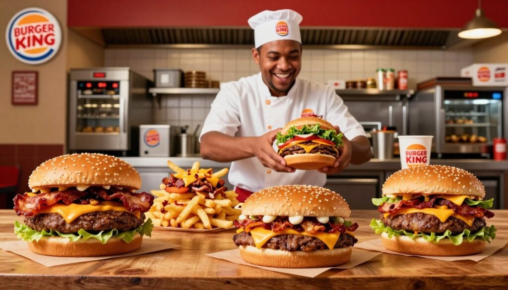 A Burger King kitchen scene depicting the secret menu in a creative display. In the foreground, a wooden table is laden with a variety of enticing, secret menu items, including a stacked BBQ bacon burger, "Suicide" burger, and unique fries topped with cheese and bacon. In the middle, a cheerful employee in a clean Burger King uniform, wearing a paper hat, is preparing an unusual burger with fresh ingredients. The backdrop showcases the vibrant colors of the restaurant, with classic Burger King decor and kitchen appliances. Bright, warm lighting illuminates the scene, creating an inviting atmosphere. Capture the mood of excitement and insider knowledge, emphasizing the hidden culinary treasures of the Burger King menu.