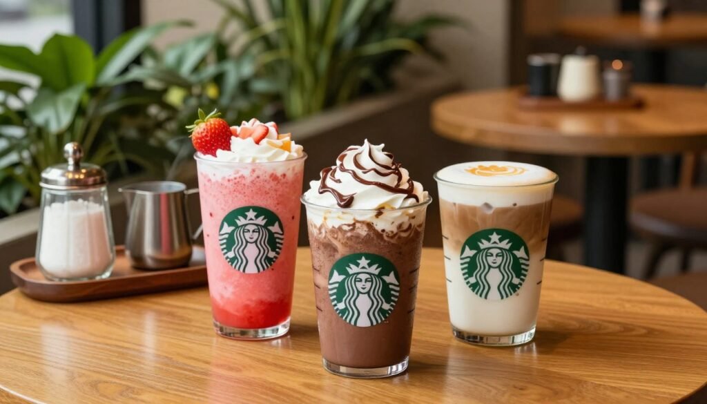 A beautifully arranged display of secret Starbucks coffee drinks in an inviting café setting. In the foreground, showcase three vibrant, colorful drinks: a bright pink Strawberry Açaí Refresher topped with fresh fruit, a rich, frothy Chocolate Mousse Cold Brew with whipped cream and drizzled chocolate, and a creamy, iced vanilla latte with layers of caramel. In the middle ground, include a wooden table adorned with coffee accessories, such as a small milk frother and an elegant sugar jar. The background features lush greenery and cozy warm lighting, creating a relaxed, welcoming atmosphere, reminiscent of a trendy coffee shop. The image is captured at eye-level using a soft focus lens to highlight the exquisite textures and vibrant colors of the drinks, inviting caffeine lovers to indulge in these hidden delights.