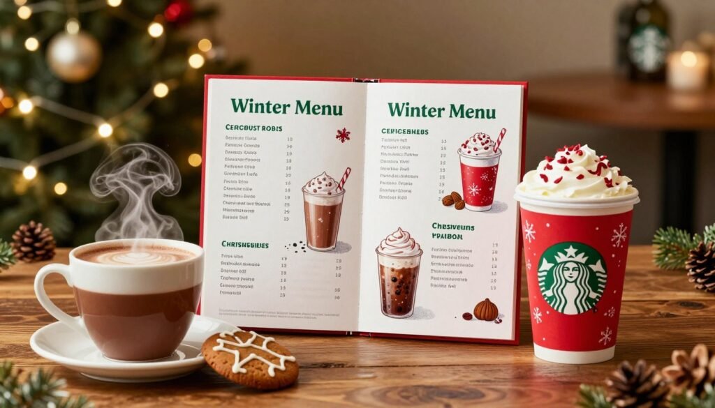 A beautifully organized Starbucks Winter Menu Release Schedule displayed on a rustic wooden table surrounded by seasonal decorations. In the foreground, a steaming cup of hot chocolate and a gingerbread cookie sit alongside a festive red Starbucks cup filled with a seasonal beverage. In the middle, an elegantly designed menu board showcases dates and special offerings, with illustrations of winter-themed drinks like peppermint mocha and chestnut praline latte. In the background, soft fairy lights twinkle, creating a warm and cozy atmosphere filled with a gentle glow, reminiscent of a Starbucks café during winter. The scene is captured in soft focus with a warm color palette, evoking feelings of comfort and holiday joy. The lighting is soft, highlighting the cozy vibe, with a shallow depth of field to emphasize the menu and seasonal treats.