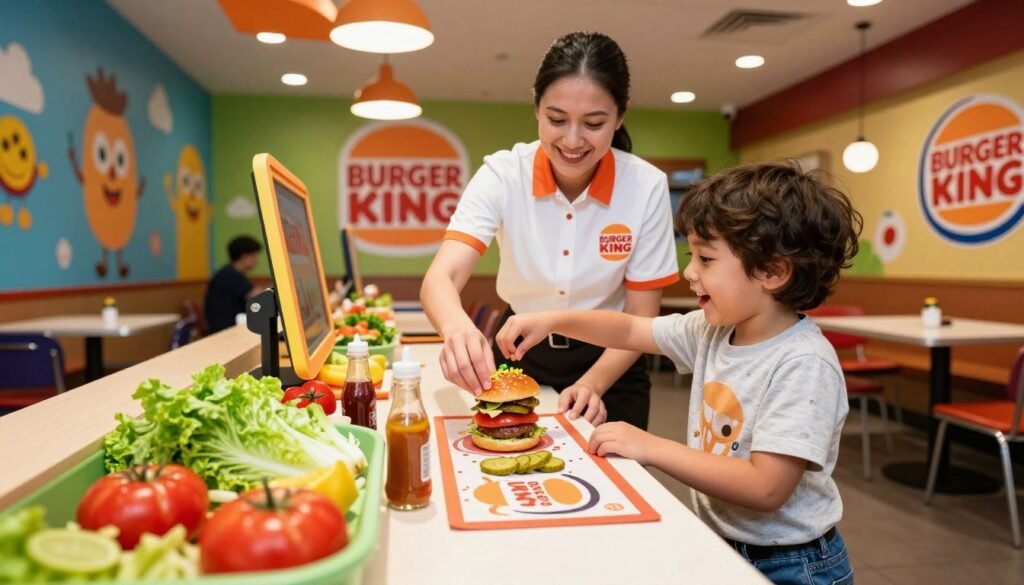 A colorful and playful image showcasing a Burger King Kids Menu customization station. In the foreground, a cheerful child, wearing a casual T-shirt and jeans, is excitedly choosing toppings for their meal at a vibrant counter filled with fresh ingredients like lettuce, tomatoes, pickles, and various sauces. In the middle ground, a friendly staff member, dressed in a neat Burger King uniform, is assisting the child with a smile. The background features a colorful dining area with cartoonish decorations and a warm, inviting atmosphere, illuminated by bright overhead lights. The entire scene embodies fun and creativity, encouraging kids to personalize their meals while enjoying a family-friendly environment. The angle is slightly elevated, capturing both the customization process and the joyful atmosphere.