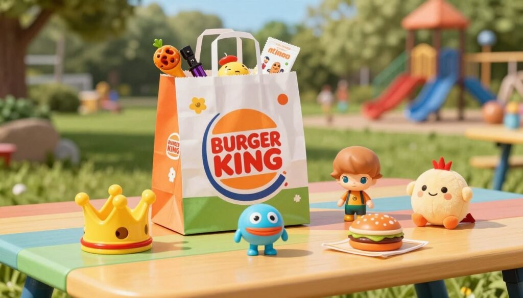 A colorful display of various Burger King Kids Menu toys, arranged aesthetically on a cheerful picnic table. In the foreground, highlight a vibrant plastic crown, a whimsical action figure, and a playful plush toy. In the middle ground, depict a cheerful, brightly colored paper bag featuring the Burger King logo, overflowing with smaller toys and fun promotional items. The background should feature a sunny park setting with greenery and playground equipment, suggesting a fun atmosphere for children. Utilize soft, natural lighting to create a warm and inviting mood. The angle should be slightly elevated, capturing the toys in a dynamic composition, evoking excitement and joy associated with kids' meals.
