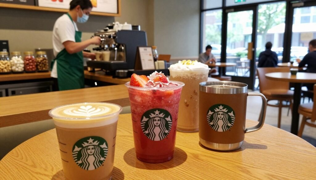 A cozy Starbucks café scene with a wooden table showcasing a variety of colorful nut-free beverages. In the foreground, a rich, creamy vanilla latte topped with delicate foam art, a vibrant strawberry acai refresher in a clear cup, and a warm spiced apple cider in an insulated mug. The middle ground features a barista in a green apron preparing drinks with an espresso machine, surrounded by jars of fresh ingredients. The background displays warm, ambient lighting with soft, inviting seating areas and oversized windows revealing a sunny day outside. The atmosphere is cheerful and friendly, promoting inclusivity and comfort for those with nut allergies. Shot from a slightly elevated angle to capture the drinks' details and the café ambiance.