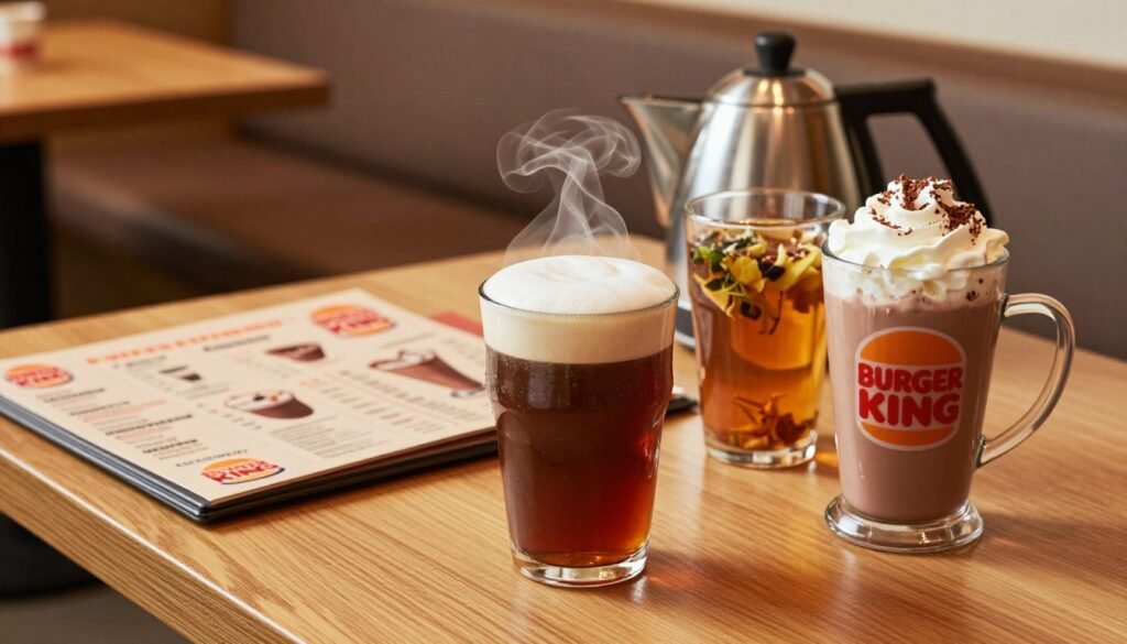 A cozy café atmosphere featuring a selection of Burger King's hot beverages, prominently displayed in the foreground. Include a rich, steaming cup of coffee with a creamy head of froth, a vibrant herbal tea in a transparent glass, and a classic hot chocolate topped with whipped cream and a sprinkle of cocoa. In the middle ground, showcase a wooden table adorned with a stylish menu laid next to a sparkling kettle, adding a touch of warmth. The background should feature softly blurred café elements, like comfy seating and soft lighting to evoke a welcoming vibe. Capture the scene in a warm, inviting glow, with a focus on the beverages under natural light, evoking a sense of comfort and refreshment that complements a meal. A cozy café atmosphere featuring a selection of Burger King's hot beverages, prominently displayed in the foreground. Include a rich, steaming cup of coffee with a creamy head of froth, a vibrant herbal tea in a transparent glass, and a classic hot chocolate topped with whipped cream and a sprinkle of cocoa. In the middle ground, showcase a wooden table adorned with a stylish menu laid next to a sparkling kettle, adding a touch of warmth. The background should feature softly blurred café elements, like comfy seating and soft lighting to evoke a welcoming vibe. Capture the scene in a warm, inviting glow, with a focus on the beverages under natural light, evoking a sense of comfort and refreshment that complements a meal.