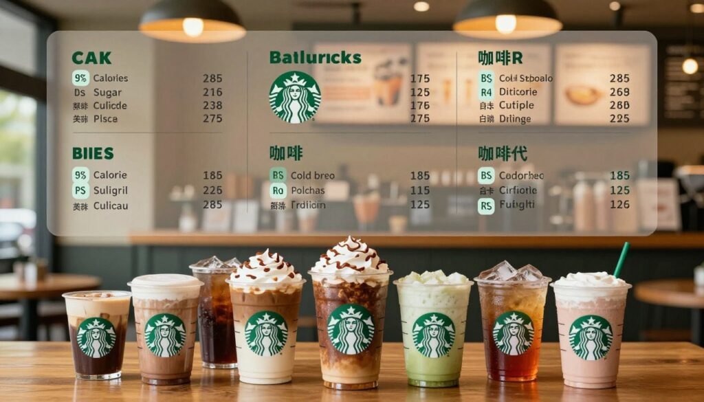 A detailed, visually appealing layout of Starbucks nutritional information presented in an elegant infographic style. In the foreground, a variety of colorful Starbucks drinks such as lattes, cold brews, and refreshers are artistically arranged, showcasing their rich textures and vibrant colors. The middle layer features neatly organized nutritional data, including calories, sugar content, and caffeine levels, laid out in an easy-to-read format with infographics. The background is softly blurred with a cozy Starbucks cafe setting, featuring warm lighting from glowing overhead fixtures and comfortable seating. The overall atmosphere is inviting and informative, designed to engage readers seeking dietary insights into their favorite beverages. Use a realistic lens and maintain a balanced composition for clarity.