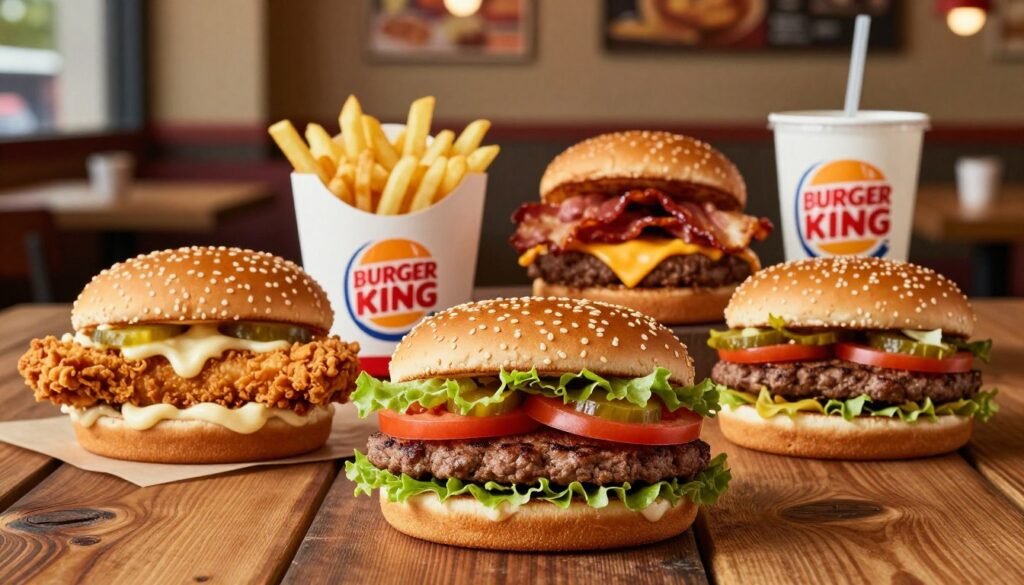 A variety of delicious Burger King signature burgers artistically arranged on a rustic wooden table. In the foreground, showcase a flame-grilled Whopper bursting with fresh lettuce, ripe tomatoes, crunchy pickles, and a juicy beef patty, all layered within a sesame seed bun. Slightly behind, feature a crispy Chicken Sandwich with golden-brown fried chicken and creamy mayo, and a stack of the classic Bacon King, piled high with crispy bacon and melted cheese. The middle ground has side items like golden french fries in a logo-branded container, complemented by a refreshing soft drink in a cup. The background is a blurred image of a cozy, inviting Burger King restaurant setting, softly lit to create a warm and casual dining atmosphere. Use natural lighting from above to highlight the textures of the burgers, evoking a mouthwatering and enticing scene.