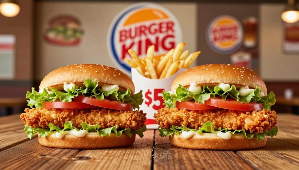 A vibrant and appetizing display of Burger King's 2 for $5 chicken options, featuring two crispy chicken sandwiches side by side on a rustic wooden table. In the foreground, the sandwiches are perfectly golden-brown, with fresh lettuce, ripe tomatoes, and creamy mayonnaise peeking out. A side of French fries placed artistically enhances the image. In the middle ground, a blurred backdrop reveals the iconic Burger King logo and soft-focus images of the restaurant, evoking a familiar fast-food setting. The lighting is warm and inviting, simulating a cozy restaurant atmosphere, with a slight overhead soft glow that emphasizes the textures of the food. The angle is slightly tilted for a dynamic feel, capturing the essence of a delicious, fast-food meal that promises value and flavor.