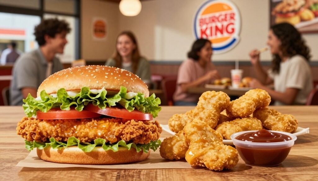 A vibrant and appetizing display of Burger King's chicken menu items on a wooden table, showcasing a crispy chicken sandwich, chicken nuggets, and a side of dipping sauces. In the foreground, the sandwich is prominently featured with lush lettuce, fresh tomato, and crispy chicken patty, glistening with a golden crust. Additional chicken nuggets arranged artistically beside the sandwich, with a small bowl of barbecue sauce. In the middle ground, a bustling fast-food restaurant scene subtly fades into view, capturing cheerful customers enjoying their meals. The background features soft-focus decor elements, like the classic Burger King logo and warm lighting, creating an inviting atmosphere. Use natural light to enhance the colors and textures of the food, conveying a sense of deliciousness and tempting appeal.