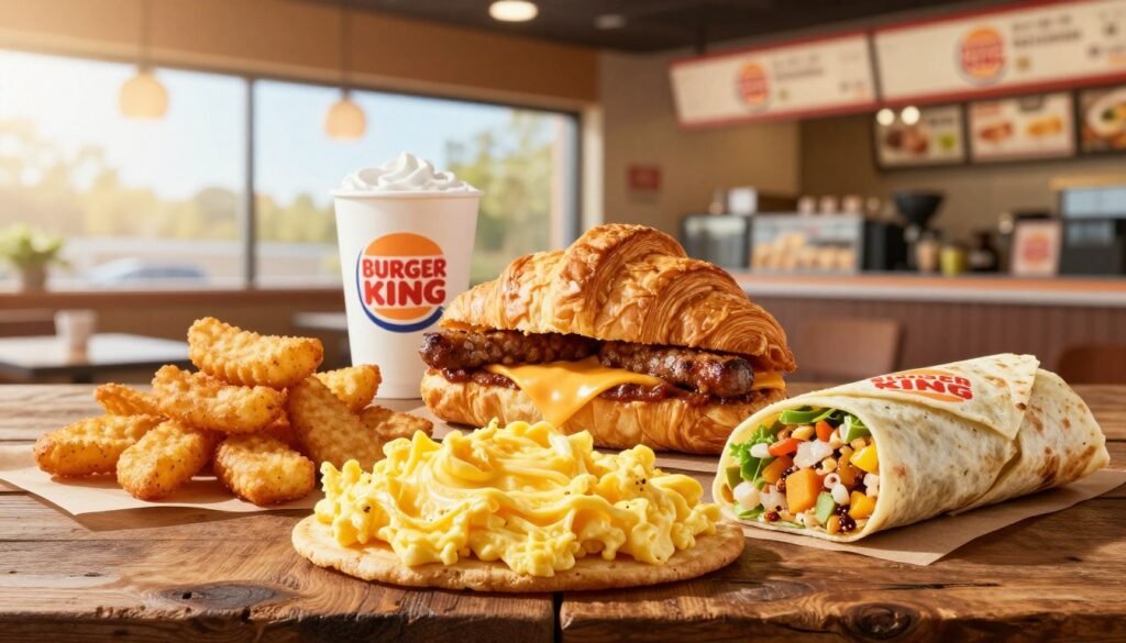 A vibrant and appetizing display of the Burger King breakfast menu, featuring an array of classic breakfast items such as fluffy scrambled eggs, crispy hash browns, a savory croissant sandwich with sausage and cheese, and a delicious breakfast burrito. The foreground showcases these mouth-watering dishes on a rustic wooden table, centered for emphasis. In the background, a well-lit fast-food restaurant setting exudes a warm and inviting atmosphere, with soft morning light filtering through large windows. The image captures a slightly elevated angle to enhance the presentation of the food, illuminating the textures and colors, invoking a sense of comfort and satisfaction, perfect for starting a morning right.