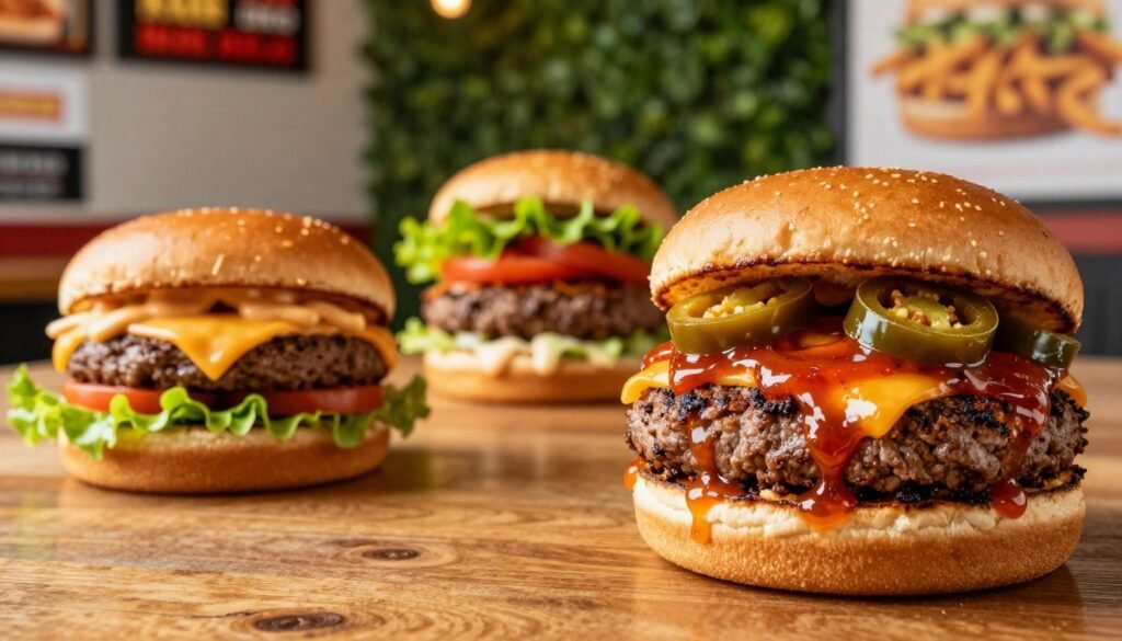 A vibrant and enticing comparison of spicy burgers laid out on a wooden table, showcasing three distinct gourmet burger styles. In the foreground, a fiery grilled burger topped with spicy jalapeños and Sriracha sauce, glistening under warm, inviting light. In the middle ground, a classic cheeseburger infused with chipotle mayo, garnished with fresh lettuce and tomatoes, contrasted against a lush green backdrop. In the background, soft-focus images of a modern fast-food restaurant setting, subtly highlighting the competitive atmosphere. The overall mood is lively and mouth-watering, evoking a sense of excitement and flavor, appealing to spice lovers. Use a slightly tilted angle to create dynamic perspective, capturing depth and detail, while ensuring the composition remains visually balanced and appetizing. A vibrant and enticing comparison of spicy burgers laid out on a wooden table, showcasing three distinct gourmet burger styles. In the foreground, a fiery grilled burger topped with spicy jalapeños and Sriracha sauce, glistening under warm, inviting light. In the middle ground, a classic cheeseburger infused with chipotle mayo, garnished with fresh lettuce and tomatoes, contrasted against a lush green backdrop. In the background, soft-focus images of a modern fast-food restaurant setting, subtly highlighting the competitive atmosphere. The overall mood is lively and mouth-watering, evoking a sense of excitement and flavor, appealing to spice lovers. Use a slightly tilted angle to create dynamic perspective, capturing depth and detail, while ensuring the composition remains visually balanced and appetizing.
