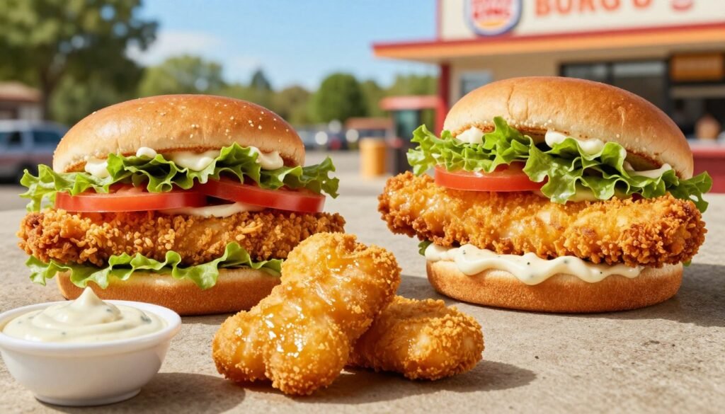 A vibrant, appetizing display of Burger King's chicken and fish menu items, showcasing a crispy chicken sandwich layered with fresh lettuce, tomatoes, and mayonnaise on a toasted bun. In the foreground, a perfectly golden-brown chicken nugget glistens, surrounded by a small bowl of tangy dipping sauce. The middle ground features a succulent fish sandwich, lightly breaded, with a slice of tartar sauce peeking out. The background is softly blurred, highlighting a sunny outdoor drive-thru setting with lush greenery and a bright blue sky. Soft, natural lighting enhances the colors, creating a warm and inviting atmosphere. The angle is slightly elevated, capturing the delicious details while inviting the viewer to consider healthier protein choices at a fast-food drive-thru. The mood is cheerful and optimistic, emphasizing the notion of making smarter meal decisions.