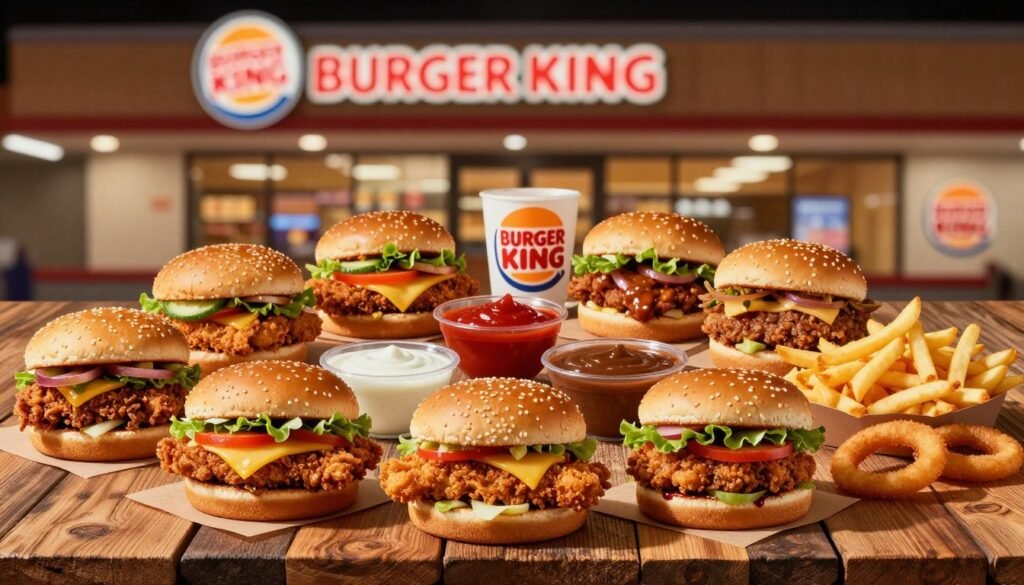 A vibrant, appetizing display of various Burger King Dollar Menu items laid out on a rustic wooden table. In the foreground, showcase a selection of mini burgers, crispy chicken sandwiches, and colorful side items like onion rings and fries, each beautifully arranged and garnished with fresh vegetables. In the middle ground, a variety of dipping sauces reflect the regional flavors of different areas, such as spicy sriracha and zesty barbecue. The background features a blurred Burger King storefront, illuminated by soft, warm lighting, creating an inviting atmosphere. The image should evoke a sense of casual dining on a budget, appealing to food lovers seeking tasty, affordable options. Use a slightly overhead angle to capture the spread, highlighting the cheerful and satisfying nature of the meal.