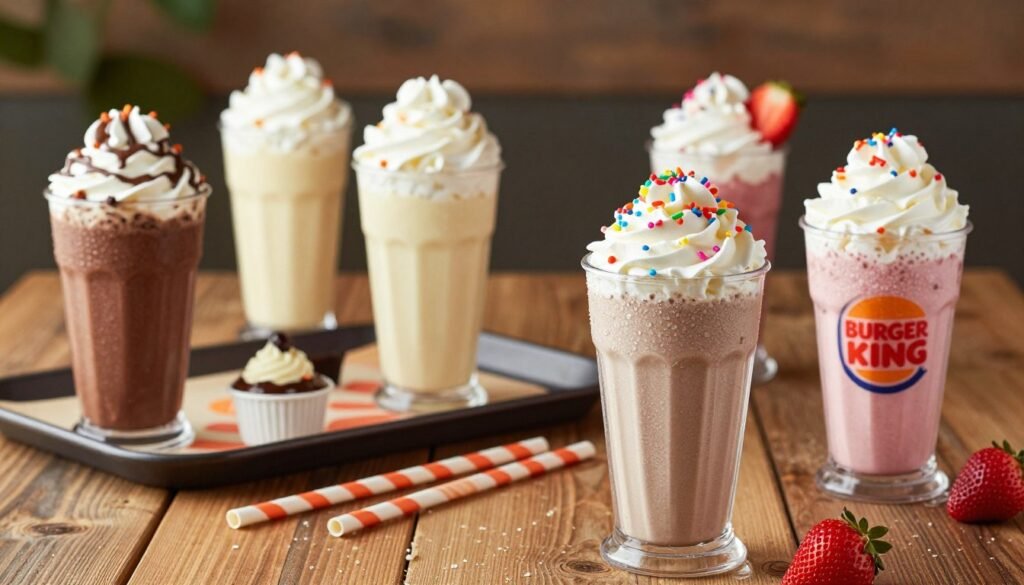 A vibrant arrangement of Burger King shakes in various flavors, including classic chocolate, vanilla, and strawberry, prominently displayed in clear, tall cups with whipped cream topping and colorful sprinkles. The foreground features the shakes with condensation beads glistening in the light, enticingly illustrating their cold and creamy texture. In the middle, a tray with some straws and small dessert garnishes adds depth. The background gently blurs a rustic wooden table, enhancing the focus on the shakes while providing a cozy, inviting atmosphere. Soft, natural lighting simulates a warm afternoon glow, creating an indulgent mood. The image captures a delightful and satisfying scene perfect for a dessert lover. A vibrant arrangement of Burger King shakes in various flavors, including classic chocolate, vanilla, and strawberry, prominently displayed in clear, tall cups with whipped cream topping and colorful sprinkles. The foreground features the shakes with condensation beads glistening in the light, enticingly illustrating their cold and creamy texture. In the middle, a tray with some straws and small dessert garnishes adds depth. The background gently blurs a rustic wooden table, enhancing the focus on the shakes while providing a cozy, inviting atmosphere. Soft, natural lighting simulates a warm afternoon glow, creating an indulgent mood. The image captures a delightful and satisfying scene perfect for a dessert lover.