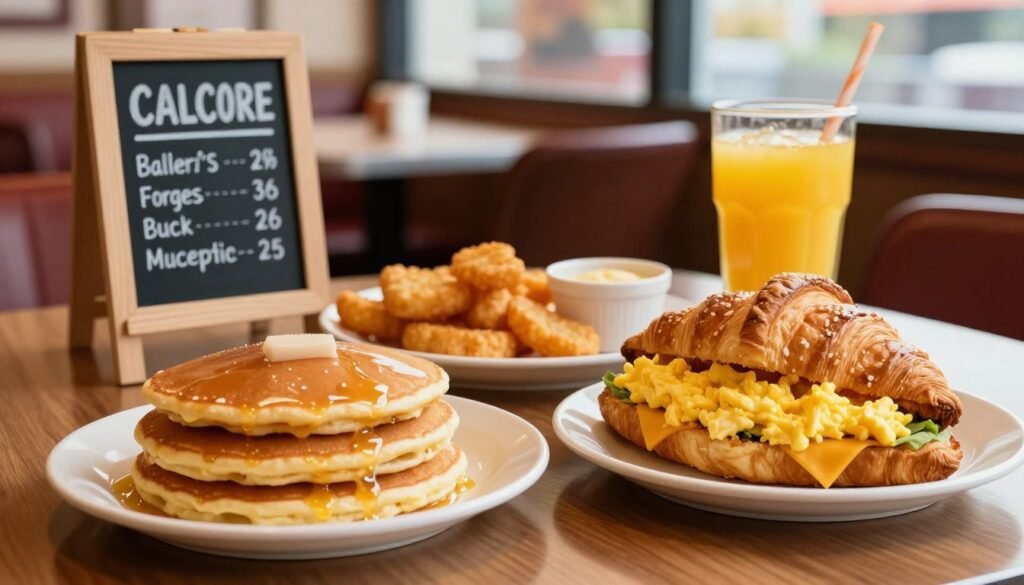 A vibrant breakfast table spread featuring an array of Burger King breakfast items, such as fluffy pancakes, a savory croissant sandwich with scrambled eggs and cheese, crispy hash browns, and a refreshing orange juice. In the foreground, a focus on the calorie information displayed artistically on a small chalkboard sign, highlighting nutritional facts in an appealing typography. The middle background features a cozy diner ambiance with warm lighting, wooden tables, and subtle hints of morning light filtering in through a window, creating an inviting atmosphere. Capture the scene from a slightly elevated angle to showcase the food, enhancing the inviting nature and satisfaction of a hearty breakfast. The mood is cheerful and energizing, perfect for a morning meal.