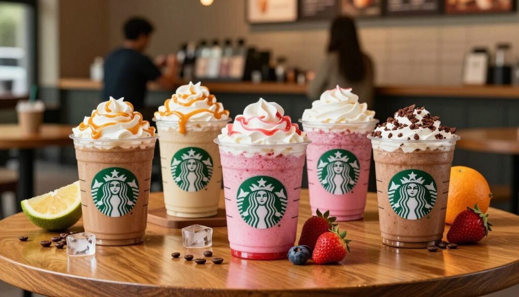 A vibrant collection of Starbucks Frappuccino flavors arranged artfully on a glossy wooden table. In the foreground, three colorful cups showcasing a caramel Frappuccino with whipped cream and drizzled caramel, a vibrant strawberry Frappuccino garnished with fresh berries, and a rich mocha Frappuccino sprinkled with chocolate shavings. The middle ground features an array of ingredients like ice, coffee beans, and fruits artistically scattered. In the background, a stylish Starbucks café ambiance with blurred patrons enjoying their drinks and soft lighting creating a warm, inviting atmosphere. The scene is shot from a low angle to emphasize the deliciousness of the Frappuccinos while capturing the lively energy of the café. The mood is cheerful and refreshing, highlighting the innovative spirit of Starbucks blended beverages.