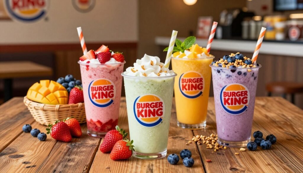 A vibrant display of Burger King smoothies arranged artistically on a rustic wooden table. In the foreground, feature three smooth, colorful smoothies in clear cups with distinctive Burger King branding and straws: a strawberry smoothie with fresh fruit on top, a mango smoothie with a mint garnish, and a blueberry smoothie sprinkled with crushed nuts. In the middle ground, a basket of fresh fruit complements the drinks, showcasing ripe strawberries, mangoes, and blueberries. The background should softly blur a Burger King restaurant interior with warm lighting that enhances the inviting, refreshing atmosphere. Aim for a dynamic angle that captures the textures and colors, evoking a sense of enjoyment and refreshment, while ensuring a bright, cheerful mood. A vibrant display of Burger King smoothies arranged artistically on a rustic wooden table. In the foreground, feature three smooth, colorful smoothies in clear cups with distinctive Burger King branding and straws: a strawberry smoothie with fresh fruit on top, a mango smoothie with a mint garnish, and a blueberry smoothie sprinkled with crushed nuts. In the middle ground, a basket of fresh fruit complements the drinks, showcasing ripe strawberries, mangoes, and blueberries. The background should softly blur a Burger King restaurant interior with warm lighting that enhances the inviting, refreshing atmosphere. Aim for a dynamic angle that captures the textures and colors, evoking a sense of enjoyment and refreshment, while ensuring a bright, cheerful mood.