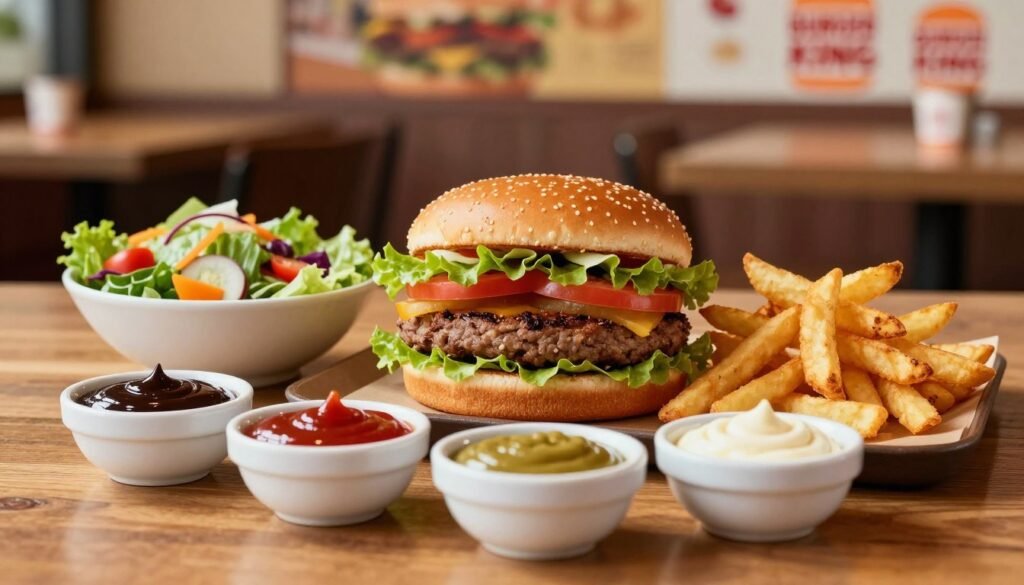 A visually appealing arrangement of Burger King's gluten-free menu options on a wooden table, featuring a succulent gluten-free burger with lettuce, tomato, and a colorful side of fresh salad. In the foreground, display a vibrant assortment of gluten-free sauces and dipping options, artistically poured into small bowls. In the middle, showcase the mouthwatering gluten-free burger alongside a side of crispy gluten-free fries, all highlighted with a gentle glisten under soft, natural lighting. The background features a blurred image of a cozy burger joint atmosphere, with warm tones and subtle hints of other healthy menu items. The overall mood is inviting and health-conscious, emphasizing nutritional choices within a fast-food setting. The perspective is straight-on, giving a clear view of the meal while invoking a sense of well-being and care for dietary needs.