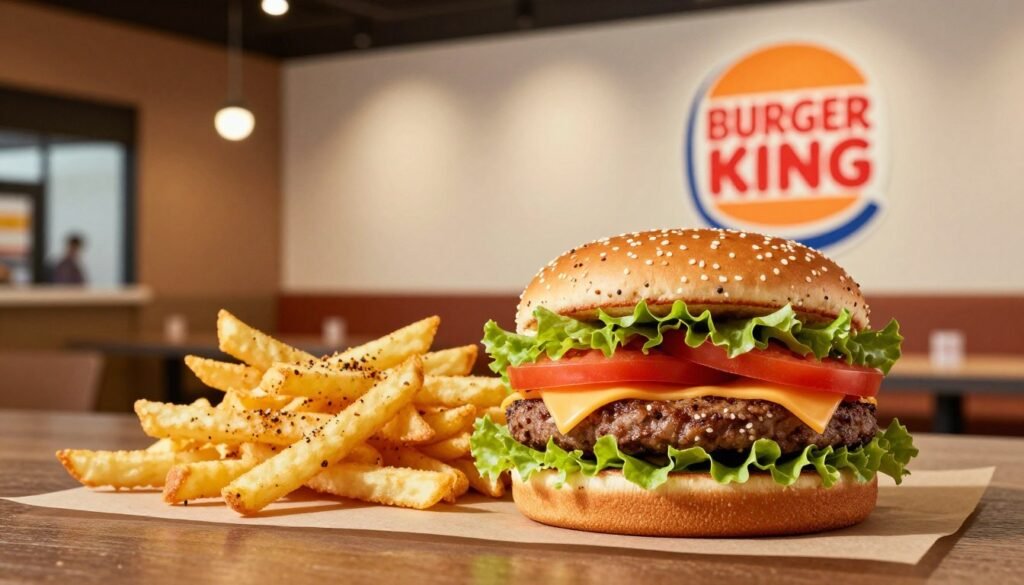 A visually appealing composition showcasing a selection of gluten-free options at Burger King. In the foreground, prominently display a mouth-watering gluten-free burger, garnished with fresh lettuce, ripe tomato, and a slice of cheese, all served on a gluten-free bun. Beside it, feature crispy gluten-free fries sprinkled with seasoning. In the middle background, include an inviting Burger King restaurant setting, with a modern interior design that emphasizes cleanliness and comfort. Soft, warm lighting creates a welcoming atmosphere, casting gentle shadows. The scene is captured with a shallow depth of field, focusing on the food while subtly blurring the restaurant ambiance behind. The overall mood is lively and appetizing, perfect for showcasing allergen-friendly dining options. A visually appealing composition showcasing a selection of gluten-free options at Burger King. In the foreground, prominently display a mouth-watering gluten-free burger, garnished with fresh lettuce, ripe tomato, and a slice of cheese, all served on a gluten-free bun. Beside it, feature crispy gluten-free fries sprinkled with seasoning. In the middle background, include an inviting Burger King restaurant setting, with a modern interior design that emphasizes cleanliness and comfort. Soft, warm lighting creates a welcoming atmosphere, casting gentle shadows. The scene is captured with a shallow depth of field, focusing on the food while subtly blurring the restaurant ambiance behind. The overall mood is lively and appetizing, perfect for showcasing allergen-friendly dining options.