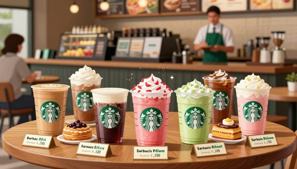 A visually appealing digital illustration showcasing Starbucks hidden menu nutritional information. In the foreground, a sleek wooden table displays an array of colorful, well-presented secret menu beverages and pastries, each with small, elegant labels indicating their calorie counts and key nutritional aspects. In the middle ground, a subtle sparkle effect highlights the drinks, emphasizing their vibrant colors against the warm tones of the wooden table. The background features a softly blurred Starbucks ambiance, with cozy seating areas and friendly baristas in professional attire serving customers, all warmly lit to create an inviting atmosphere. The overall mood should inspire curiosity and nourishment, encouraging thoughtful exploration of these unique menu items.