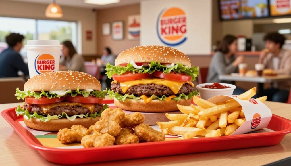 A visually appealing display of Burger King Dollar Menu items, showcasing a selection of popular budget-friendly fast food choices. In the foreground, a neatly arranged table features a tantalizing assortment of a Whopper Jr., chicken nuggets, and small fries, all presented on a bright red and yellow Burger King tray. The middle section captures a close-up of a deliciously cheesy hamburger, garnished with fresh lettuce and tomato, with a side of dipping sauce. The background includes a softly lit Burger King restaurant interior, with cheerful decor and patrons enjoying their meals, creating a lively and inviting atmosphere. Bright, natural lighting enhances the colors of the food, while a slight overhead angle focuses attention on the dishes, inviting viewers to indulge in these tasty bites on a budget.