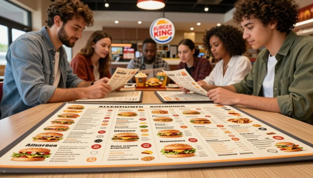 A visually appealing image of an allergen menu specifically designed for Burger King's offerings, laid out on a restaurant table. In the foreground, prominently feature a colorful and neatly organized allergen menu, showcasing various food items with clear icons indicating allergens, such as nuts, gluten, dairy, and soy. In the middle, a diverse group of individuals, dressed in casual yet professional attire, attentively reviews the menu, displaying a sense of collaboration and inclusivity. In the background, the Burger King logo is subtly visible on a store sign and the restaurant atmosphere is lively yet relaxed, with warm lighting illuminating the scene, capturing a welcoming mood. The composition captures the essence of safety and comfort in dining for allergy sufferers. A visually appealing image of an allergen menu specifically designed for Burger King's offerings, laid out on a restaurant table. In the foreground, prominently feature a colorful and neatly organized allergen menu, showcasing various food items with clear icons indicating allergens, such as nuts, gluten, dairy, and soy. In the middle, a diverse group of individuals, dressed in casual yet professional attire, attentively reviews the menu, displaying a sense of collaboration and inclusivity. In the background, the Burger King logo is subtly visible on a store sign and the restaurant atmosphere is lively yet relaxed, with warm lighting illuminating the scene, capturing a welcoming mood. The composition captures the essence of safety and comfort in dining for allergy sufferers.