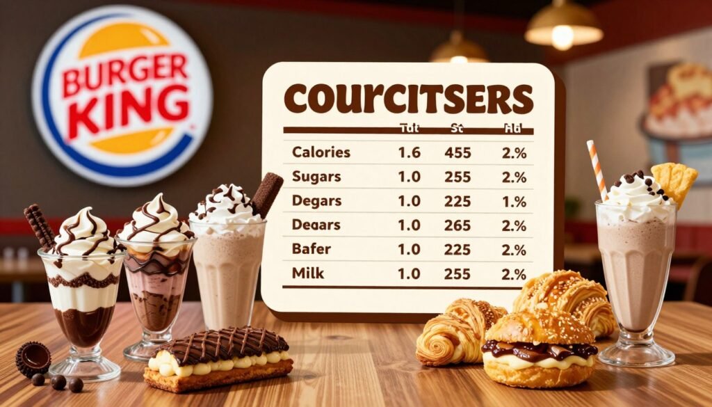 A visually detailed representation of Burger King dessert nutrition information. In the foreground, depict a colorful array of Burger King desserts, such as sundaes, milkshakes, and pastries, arranged on a wooden table. In the middle ground, illustrate a stylized nutrition chart highlighting key information like calories, sugars, and proteins associated with these desserts. The background features the iconic Burger King logo softly blurred to create context without overpowering the main elements. Use warm, inviting lighting to evoke a comforting atmosphere, aiming for a cozy diner vibe. The angle should be slightly above eye level, giving a comprehensive view of the desserts and the chart, promoting an informative yet appealing visual without any text or branding details. A visually detailed representation of Burger King dessert nutrition information. In the foreground, depict a colorful array of Burger King desserts, such as sundaes, milkshakes, and pastries, arranged on a wooden table. In the middle ground, illustrate a stylized nutrition chart highlighting key information like calories, sugars, and proteins associated with these desserts. The background features the iconic Burger King logo softly blurred to create context without overpowering the main elements. Use warm, inviting lighting to evoke a comforting atmosphere, aiming for a cozy diner vibe. The angle should be slightly above eye level, giving a comprehensive view of the desserts and the chart, promoting an informative yet appealing visual without any text or branding details.
