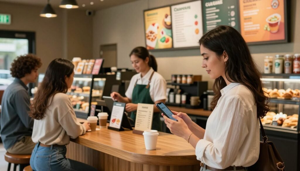 A well-lit Starbucks cafe interior, showcasing a diverse group of customers ordering at the counter. In the foreground, a woman in smart casual clothing is holding a smartphone, looking intently at the menu, which includes allergen icons for various food sensitivities. The middle ground features a friendly barista behind the counter, engaging with customers, highlighting inclusive service. The background displays vibrant coffee and pastry displays, along with a colorful allergen menu board prominently featuring gluten-free, dairy-free, and nut-free options. Soft, warm lighting creates a welcoming atmosphere, inviting patrons to feel at ease while navigating their food choices. The composition captures a moment of decision-making, emphasizing clarity and consideration for dietary needs.